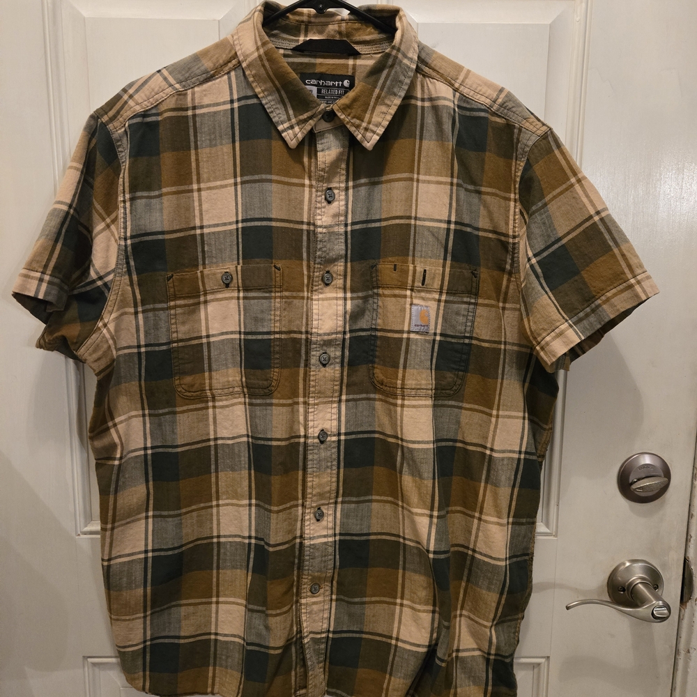 Carhartt Men's Plaid Button-Down Shirt - Tan and Green